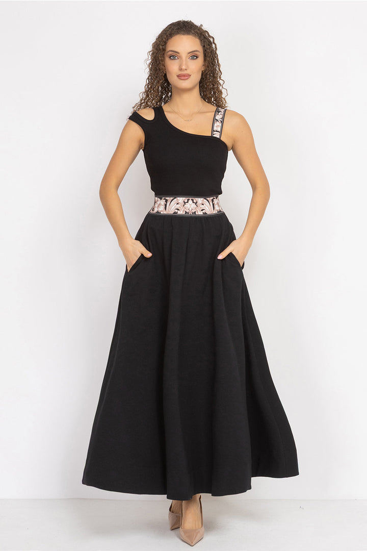 ASYMMETRICAL COTTON RIB TANK TOP IN BLACK WITH ELASTIC STRAP BAROQUE PEARL - ESSENTIALS - Fashion Roots