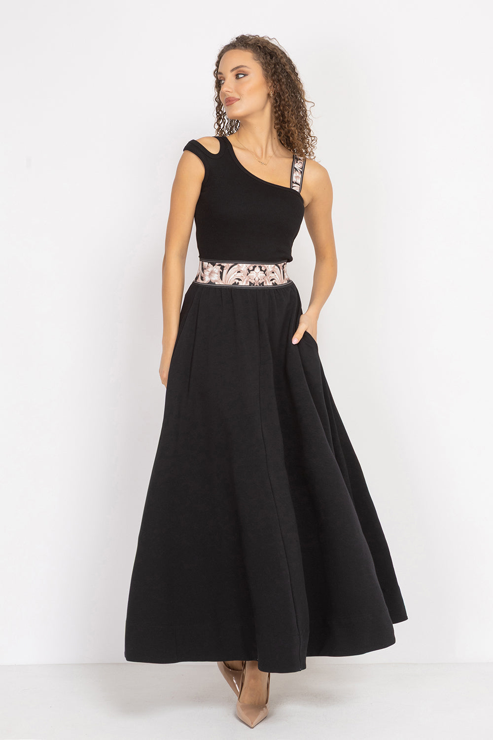 LONG BLACK COTTON SKIRT WITH ELASTIC WAIST AND SIDE POCKETS - ESSENTIALS - Fashion Roots