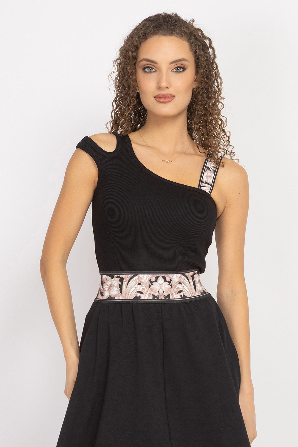 ASYMMETRICAL COTTON RIB TANK TOP IN BLACK WITH ELASTIC STRAP BAROQUE PEARL - ESSENTIALS - Fashion Roots