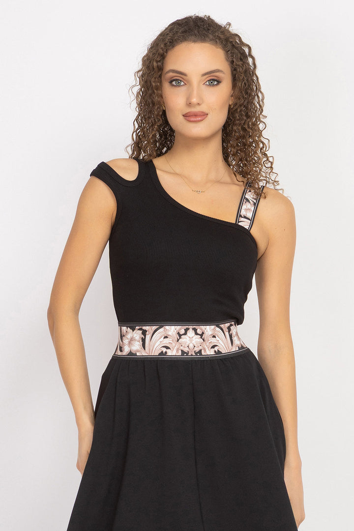 ASYMMETRICAL COTTON RIB TANK TOP IN BLACK WITH ELASTIC STRAP BAROQUE PEARL - ESSENTIALS - Fashion Roots