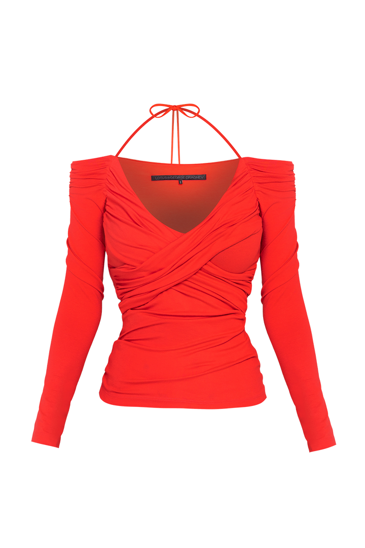 WATERMELON VISCOSE STRETCH WRAP BLOUSE WITH GATHERS - ESSENTIALS JIORO БЛУЗА ОТ ВИСКОЗА В ЦВЯТ ДИНЯ С ПАДНАЛО РАМО И НАБОРИ - ESSENTIALS JIORO