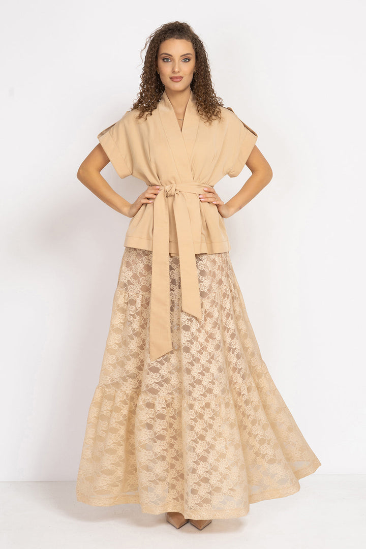 BEIGE SHORT-SLEEVE JACKET WITH BELT AND LINING - ESSENTIALS JIORO  САКО ОТ ЛИОСЕЛ ТИП КИМОНО С КЪС РЪКАВ И КОЛАН В БЕЖОВО - ESSENTIALS JIORO