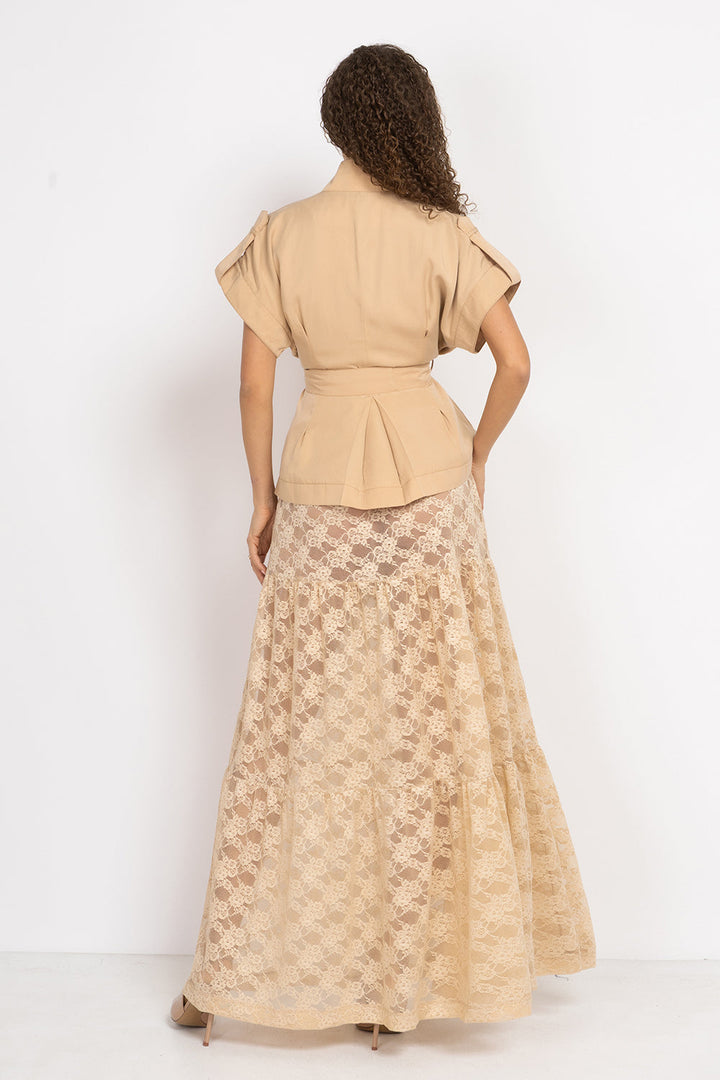 BEIGE SHORT-SLEEVE JACKET WITH BELT AND LINING - ESSENTIALS JIORO  САКО ОТ ЛИОСЕЛ ТИП КИМОНО С КЪС РЪКАВ И КОЛАН В БЕЖОВО - ESSENTIALS JIORO