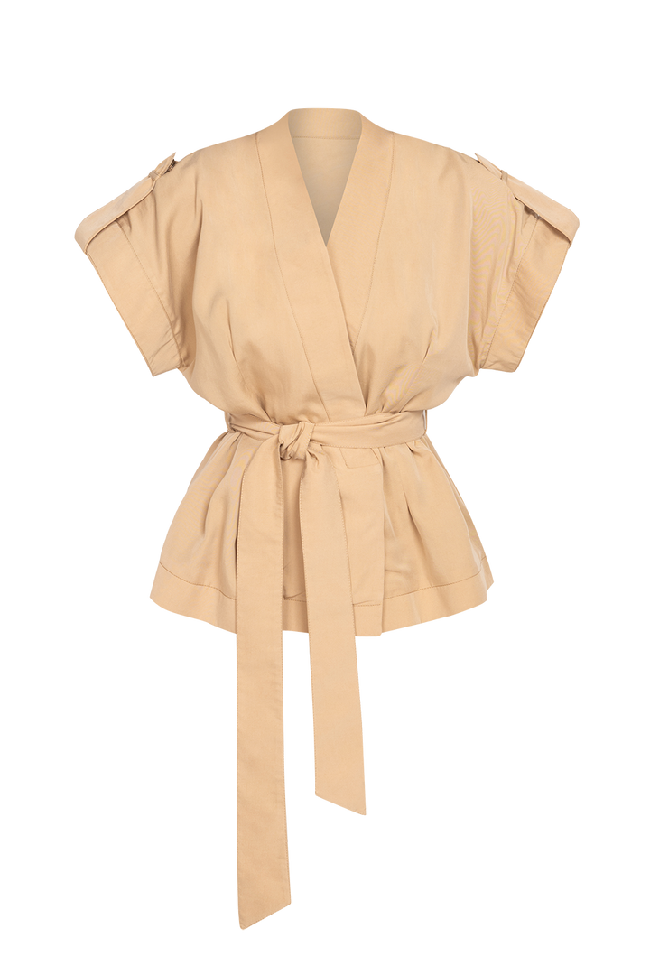 BEIGE SHORT-SLEEVE JACKET WITH BELT AND LINING - ESSENTIALS JIORO  САКО ОТ ЛИОСЕЛ ТИП КИМОНО С КЪС РЪКАВ И КОЛАН В БЕЖОВО - ESSENTIALS JIORO