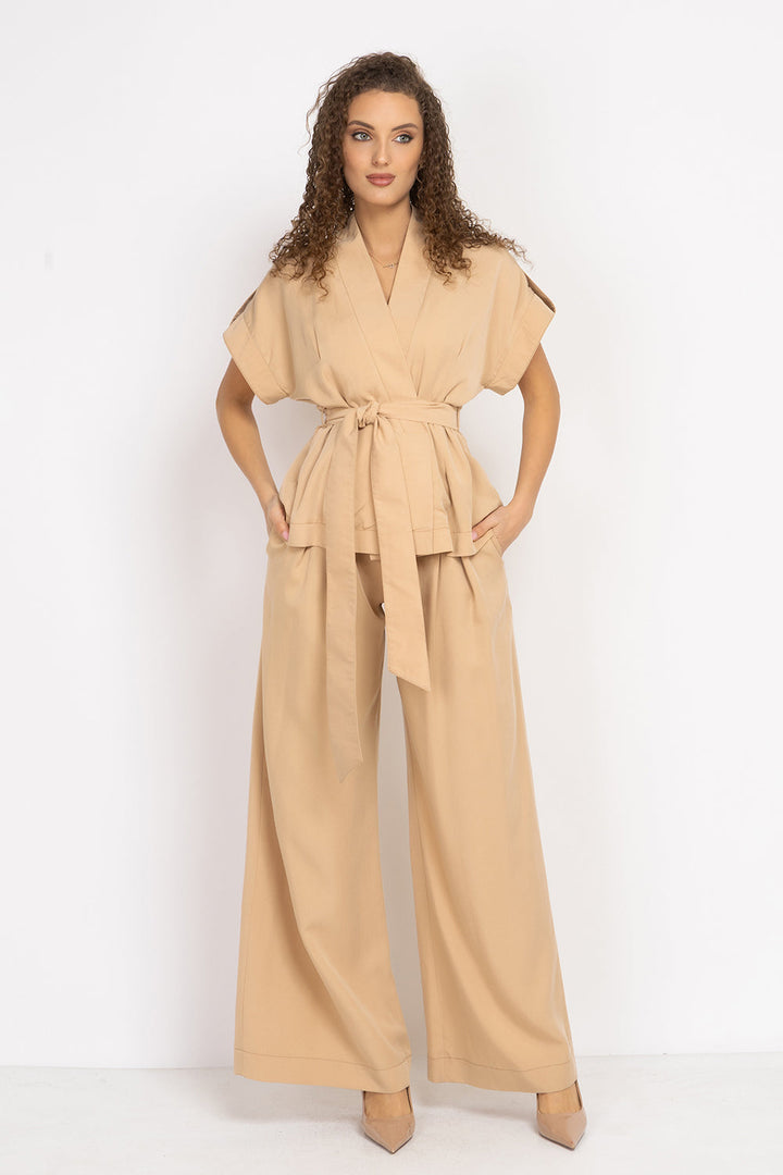 BEIGE LOOSE-FIT LYOCELL PANTS WITH PLEATS - ESSENTIALS JIORO СВОБОДЕН ПАНТАЛОН ОТ ЛИОСЕЛ В БЕЖОВО - ESSENTIALS JIORO