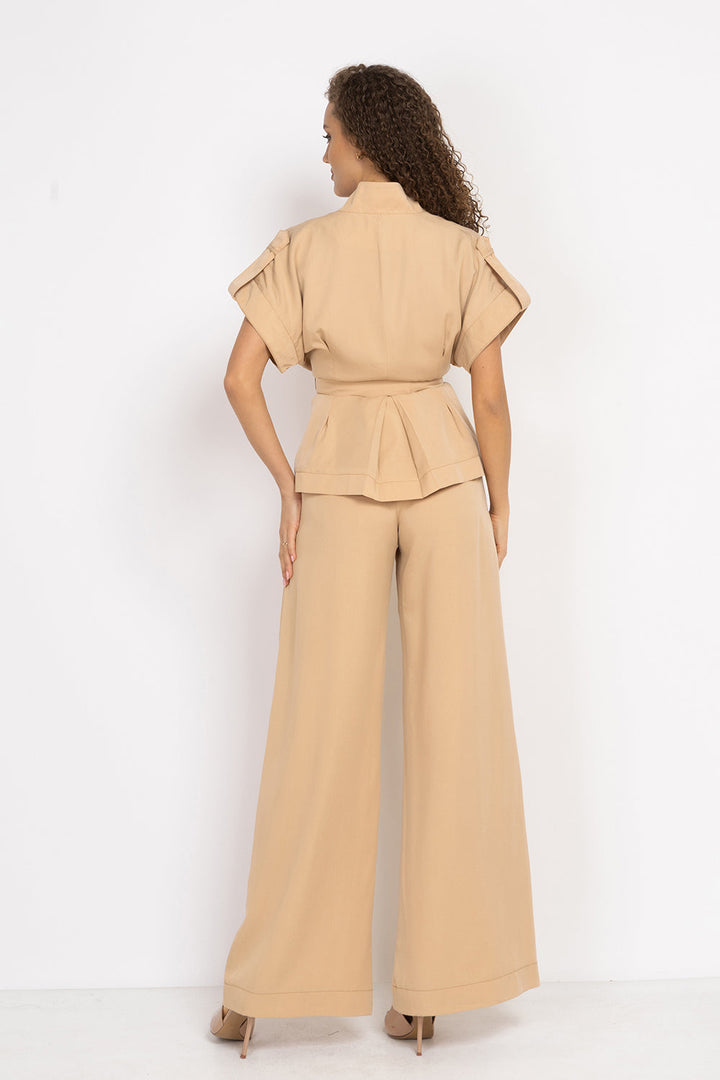 BEIGE SHORT-SLEEVE JACKET WITH BELT AND LINING - ESSENTIALS JIORO  САКО ОТ ЛИОСЕЛ ТИП КИМОНО С КЪС РЪКАВ И КОЛАН В БЕЖОВО - ESSENTIALS JIORO