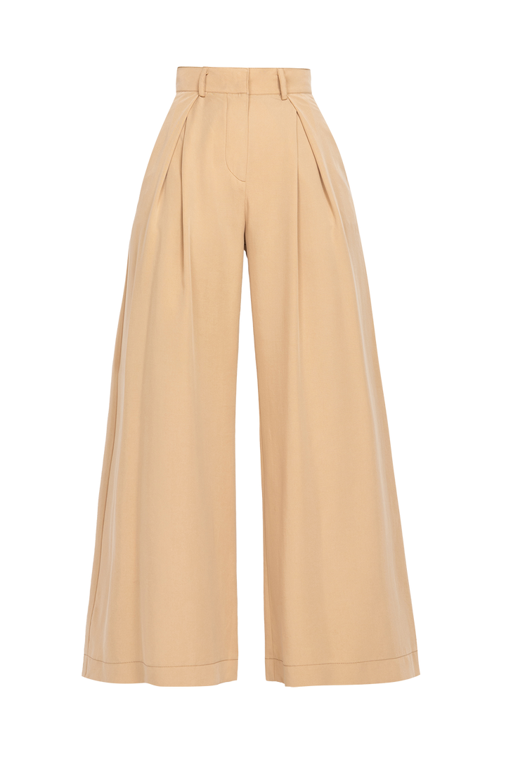 BEIGE LOOSE-FIT LYOCELL PANTS WITH PLEATS - ESSENTIALS JIORO СВОБОДЕН ПАНТАЛОН ОТ ЛИОСЕЛ В БЕЖОВО - ESSENTIALS JIORO