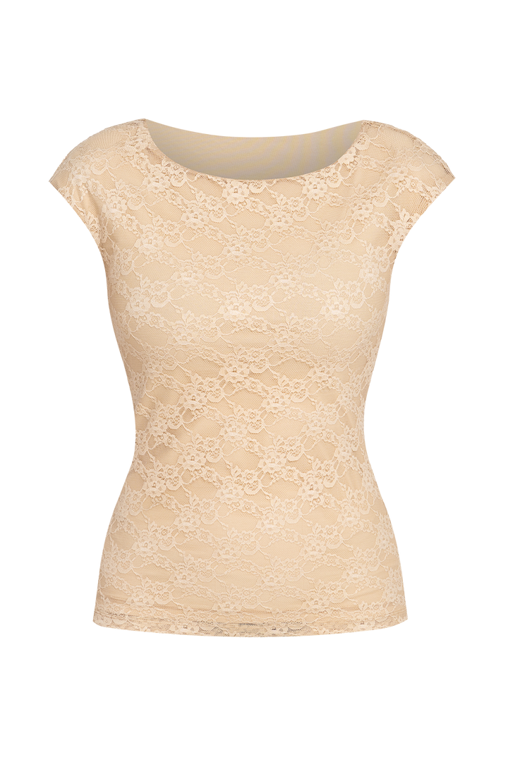 DOUBLE-LAYER LACE TOP WITH BOAT NECKLINE IN BEIGE - ESSENTIALS JIORO ДВУСЛОЕН ДАНТЕЛЕН ТОП В БЕЖОВО С ЛОДКА ДЕКОЛТЕ И ПОДПЛАТА ОТ ПАМУК - ESSENTIALS JIORO