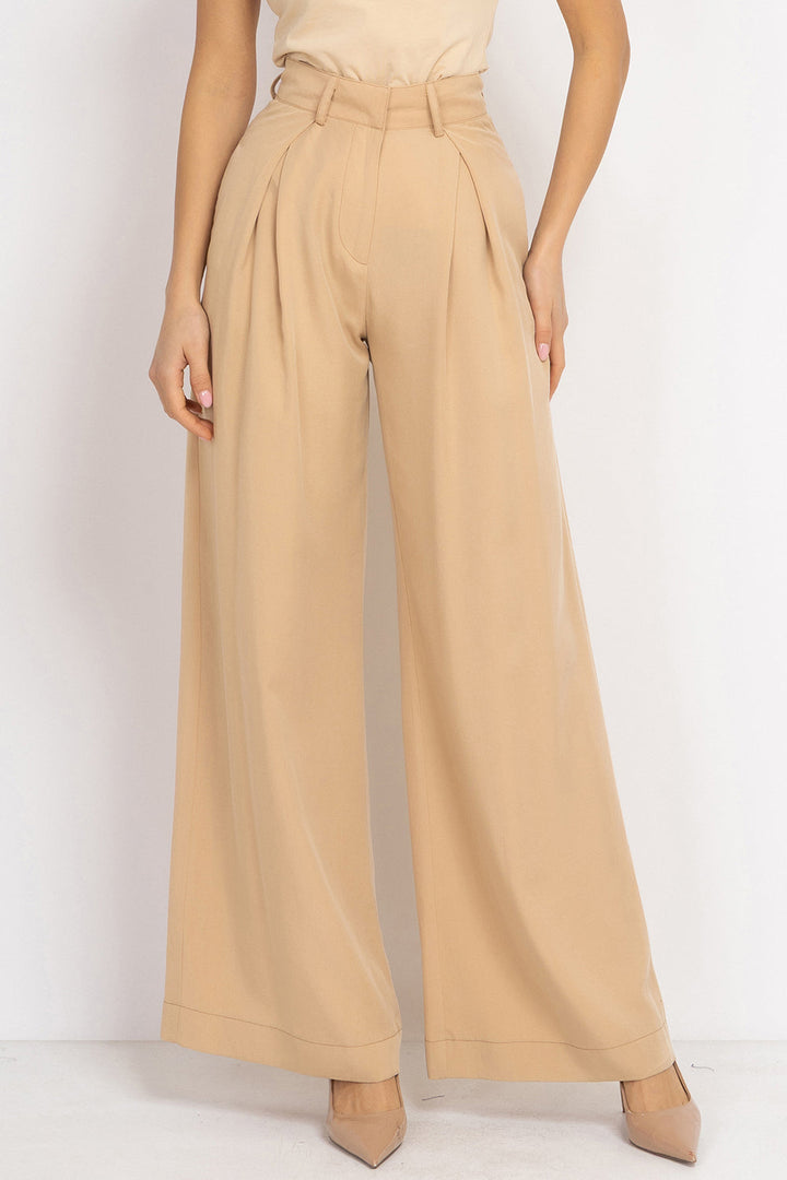 BEIGE LOOSE-FIT LYOCELL PANTS WITH PLEATS - ESSENTIALS JIORO СВОБОДЕН ПАНТАЛОН ОТ ЛИОСЕЛ В БЕЖОВО - ESSENTIALS JIORO