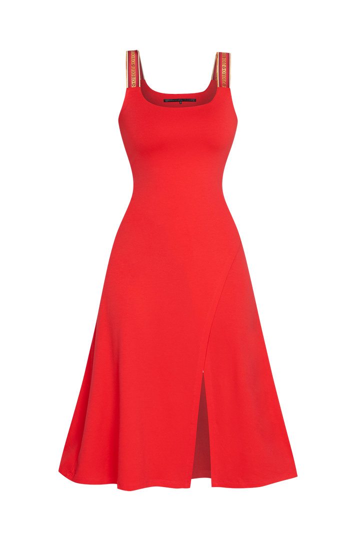 WATERMELON VISCOSE STRAP DRESS WITH ELASTIC DETAIL AND SOFT A-LINE SILHOUETTE - ESSENTIALS JIORO РОКЛЯ ОТ ВИСКОЗА С ЕЛАСТИЧНИ ПРЕЗРАМКИ И А-СИЛУЕТ В ЦВЯТ ДИНЯ - ESSENTIALS JIORO