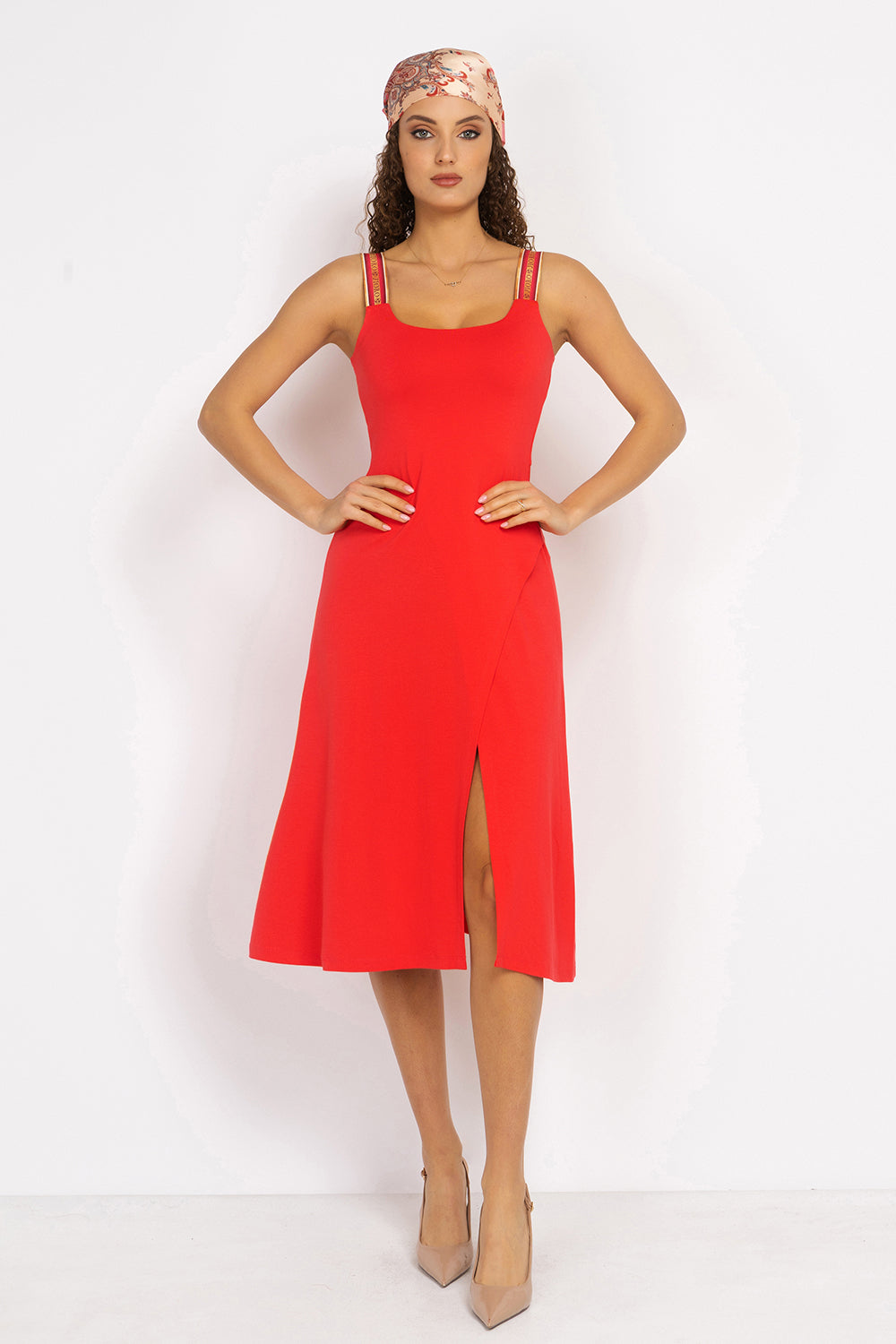 WATERMELON VISCOSE STRAP DRESS WITH ELASTIC DETAIL AND SOFT A-LINE SILHOUETTE - ESSENTIALS JIORO РОКЛЯ ОТ ВИСКОЗА С ЕЛАСТИЧНИ ПРЕЗРАМКИ И А-СИЛУЕТ В ЦВЯТ ДИНЯ - ESSENTIALS JIORO