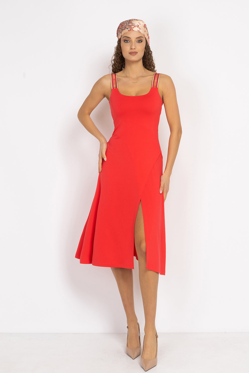 WATERMELON VISCOSE STRAP DRESS WITH ELASTIC DETAIL AND SOFT A-LINE SILHOUETTE - ESSENTIALS JIORO РОКЛЯ ОТ ВИСКОЗА С ЕЛАСТИЧНИ ПРЕЗРАМКИ И А-СИЛУЕТ В ЦВЯТ ДИНЯ - ESSENTIALS JIORO