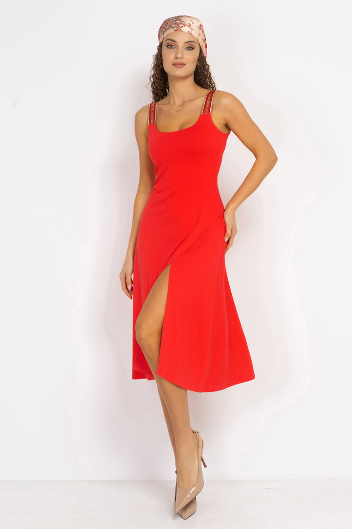 WATERMELON VISCOSE STRAP DRESS WITH ELASTIC DETAIL AND SOFT A-LINE SILHOUETTE - ESSENTIALS JIORO РОКЛЯ ОТ ВИСКОЗА С ЕЛАСТИЧНИ ПРЕЗРАМКИ И А-СИЛУЕТ В ЦВЯТ ДИНЯ - ESSENTIALS JIORO