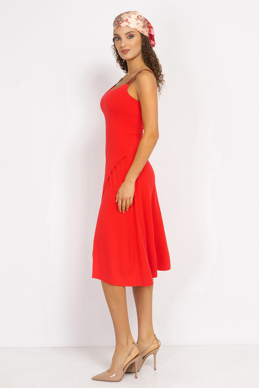 WATERMELON VISCOSE STRAP DRESS WITH ELASTIC DETAIL AND SOFT A-LINE SILHOUETTE - ESSENTIALS JIORO РОКЛЯ ОТ ВИСКОЗА С ЕЛАСТИЧНИ ПРЕЗРАМКИ И А-СИЛУЕТ В ЦВЯТ ДИНЯ - ESSENTIALS JIORO