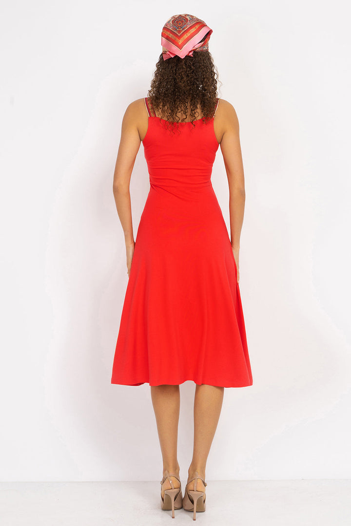 WATERMELON VISCOSE STRAP DRESS WITH ELASTIC DETAIL AND SOFT A-LINE SILHOUETTE - ESSENTIALS JIORO РОКЛЯ ОТ ВИСКОЗА С ЕЛАСТИЧНИ ПРЕЗРАМКИ И А-СИЛУЕТ В ЦВЯТ ДИНЯ - ESSENTIALS JIORO