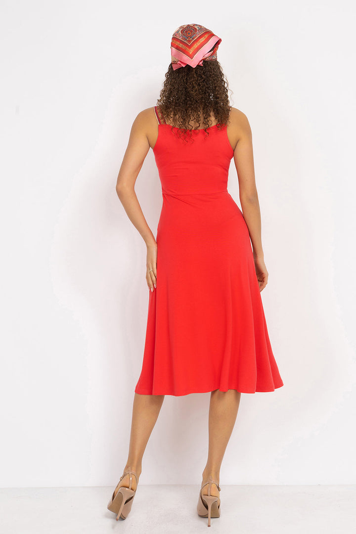 WATERMELON VISCOSE STRAP DRESS WITH ELASTIC DETAIL AND SOFT A-LINE SILHOUETTE - ESSENTIALS JIORO РОКЛЯ ОТ ВИСКОЗА С ЕЛАСТИЧНИ ПРЕЗРАМКИ И А-СИЛУЕТ В ЦВЯТ ДИНЯ - ESSENTIALS JIORO
