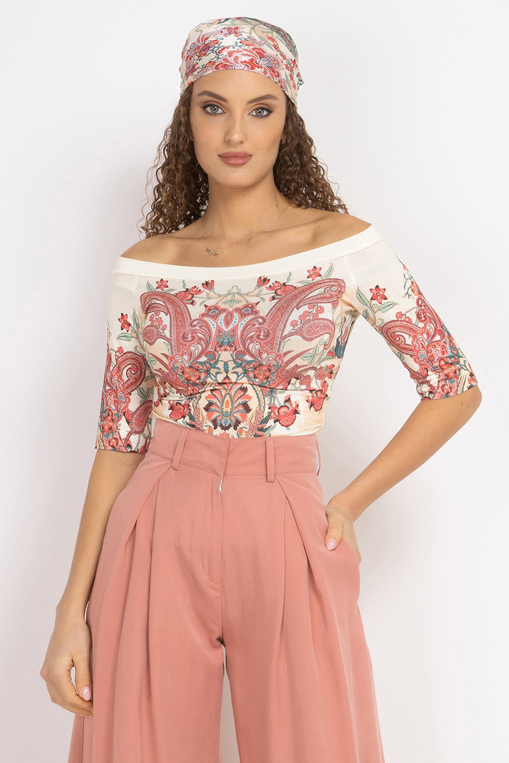 VISCOSE TOP WITH OFF-SHOULDER NECKLINE - PAISLEY RED JIORO ТОП ОТ ВИСКОЗА С ПАДНАЛИ РАМЕНА - PAISLEY RED JIORO