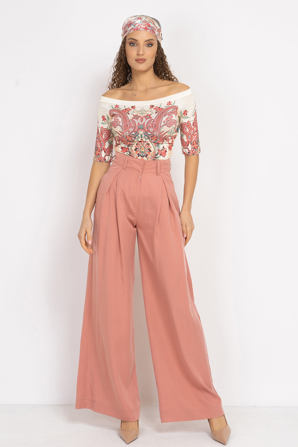VISCOSE TOP WITH OFF-SHOULDER NECKLINE - PAISLEY RED JIORO ТОП ОТ ВИСКОЗА С ПАДНАЛИ РАМЕНА - PAISLEY RED JIORO