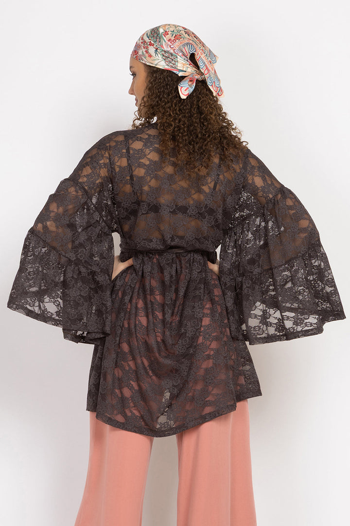 ASYMMETRIC LACE TUNIC WITH GATHERED DETAILS ESPRESSO - ESSENTIALS JIORO АСИМЕТРИЧНА ДАНТЕЛЕНА ТУНИКА С НАБОРИ В ЕСПРЕСО – ESSENTIALS JIORO
