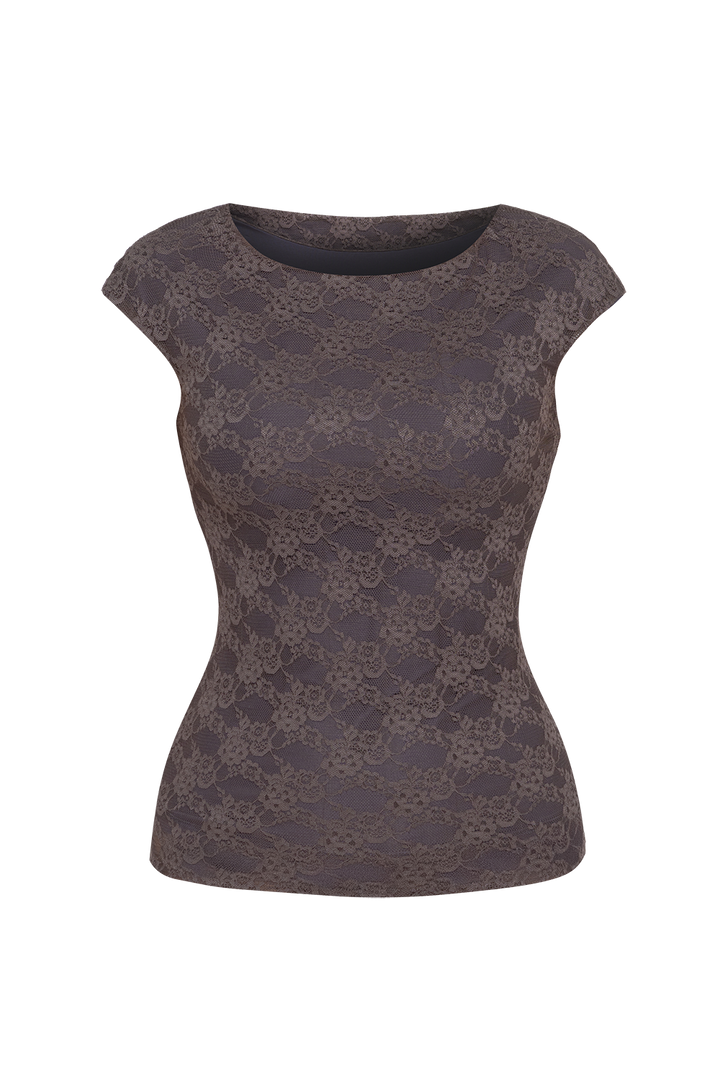 DOUBLE-LAYER LACE TOP WITH BOAT NECKLINE ESPRESSO and GRAPHITE - ESSENTIALS JIORO ДВУСЛОЕН ДАНТЕЛЕН ТОП В МОКА С ЛОДКА ДЕКОЛТЕ И ПОДПЛАТА ОТ ПАМУК - ESSENTIALS JIORO