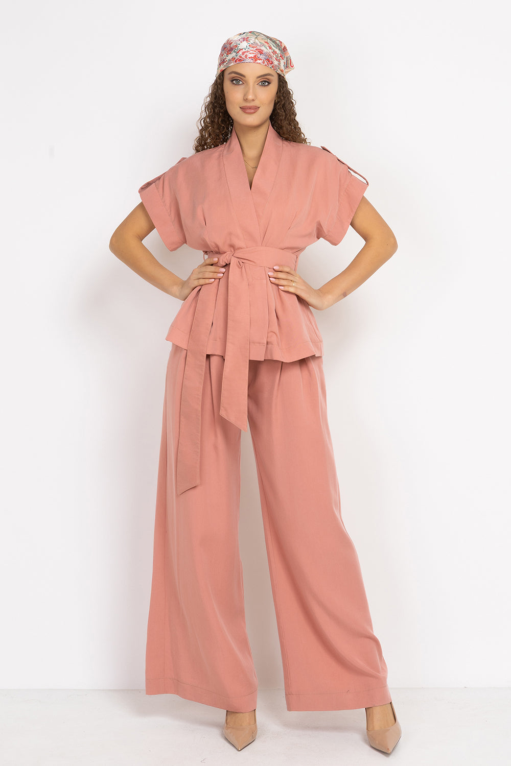 POWDER SHORT-SLEEVE JACKET WITH BELT AND LINING - ESSENTIALS JIORO САКО ОТ ЛИОСЕЛ ТИП КИМОНО С КЪС РЪКАВ И КОЛАН В ЦВЯТ ПУДРА - ESSENTIALS JIORO