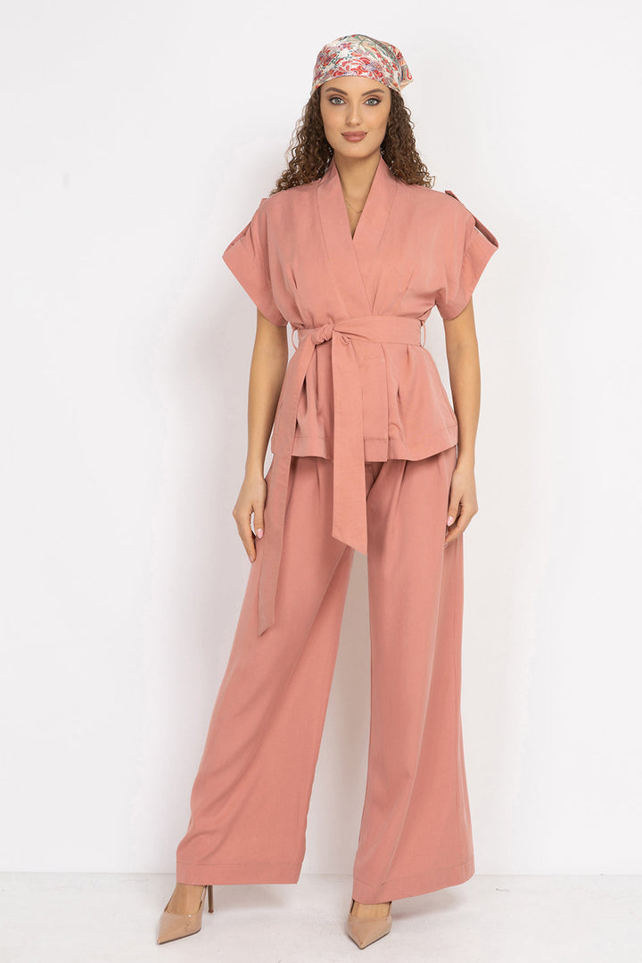 POWDER SHORT-SLEEVE JACKET WITH BELT AND LINING - ESSENTIALS JIORO САКО ОТ ЛИОСЕЛ ТИП КИМОНО С КЪС РЪКАВ И КОЛАН В ЦВЯТ ПУДРА - ESSENTIALS JIORO