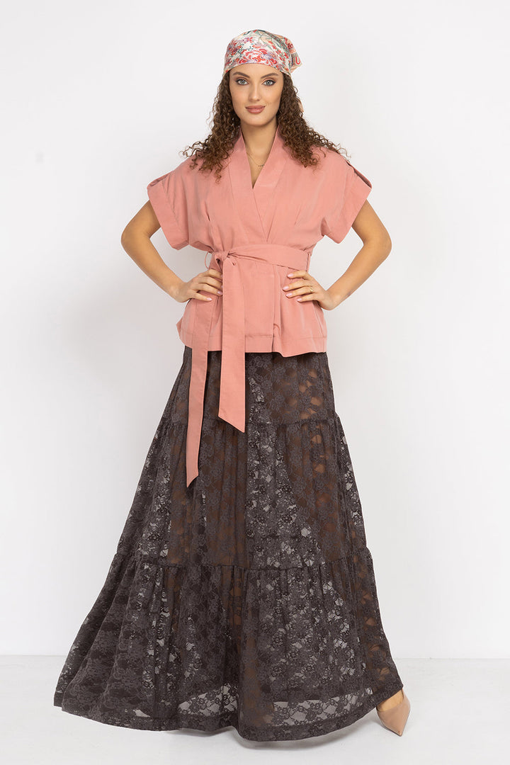 ESPRESSO BOHO LACE SKIRT WITH SHORT LINING - ESSENTIALS JIORO ДАНТЕЛЕНА БОХО ПОЛА В ЦВЯТ ЕСПРЕСО С КЪСА ПАМУЧНА ПОДПЛАТА- ESSENTIALS JIORO