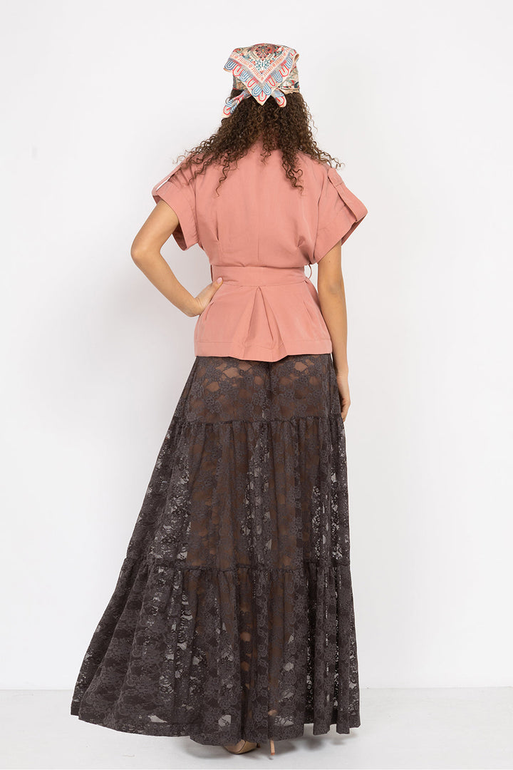 ESPRESSO BOHO LACE SKIRT WITH SHORT LINING - ESSENTIALS JIORO ДАНТЕЛЕНА БОХО ПОЛА В ЦВЯТ ЕСПРЕСО С КЪСА ПАМУЧНА ПОДПЛАТА- ESSENTIALS JIORO