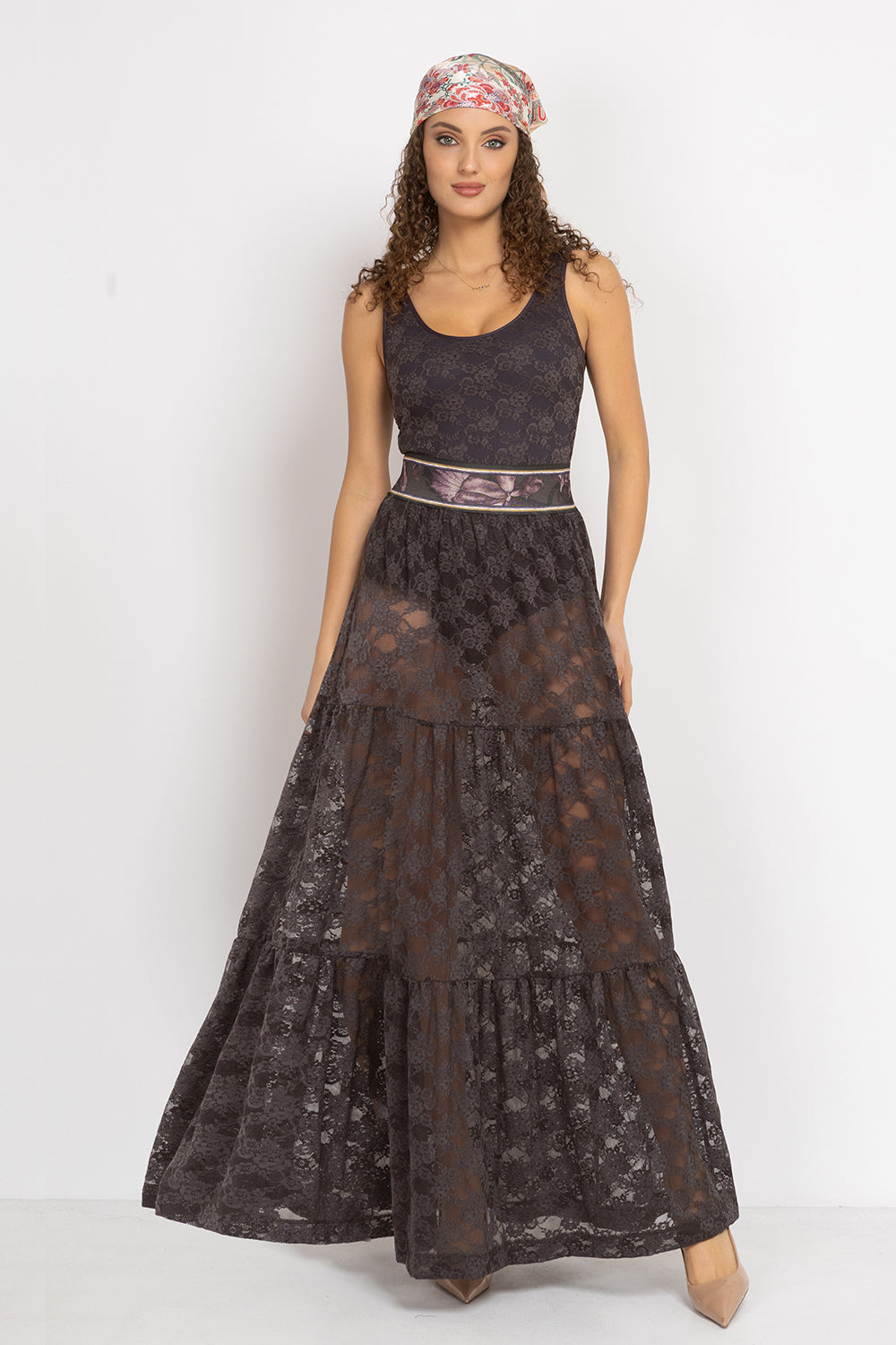 ESPRESSO BOHO LACE SKIRT WITH SHORT LINING - ESSENTIALS JIORO ДАНТЕЛЕНА БОХО ПОЛА В ЦВЯТ ЕСПРЕСО С КЪСА ПАМУЧНА ПОДПЛАТА- ESSENTIALS JIORO