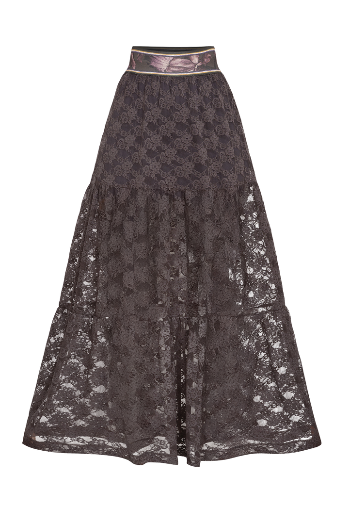 ESPRESSO BOHO LACE SKIRT WITH SHORT LINING - ESSENTIALS JIORO ДАНТЕЛЕНА БОХО ПОЛА В ЦВЯТ ЕСПРЕСО С КЪСА ПАМУЧНА ПОДПЛАТА- ESSENTIALS JIORO