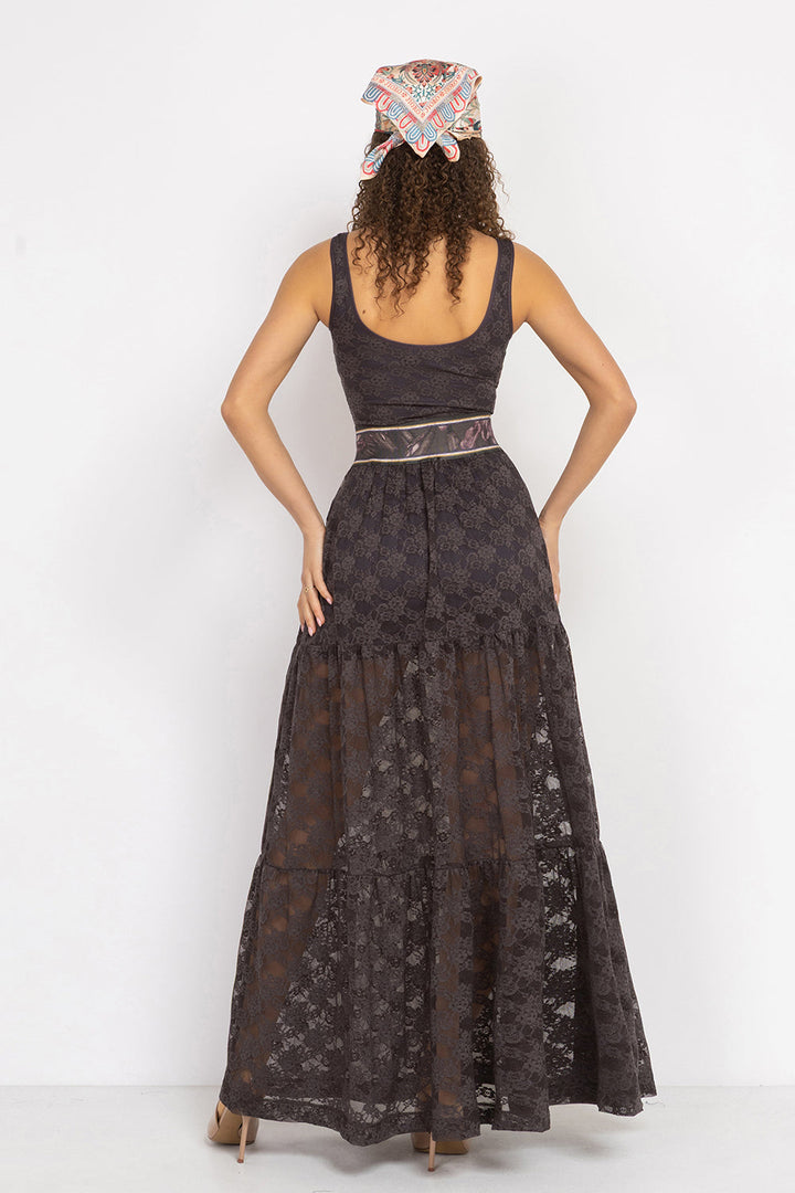 ESPRESSO BOHO LACE SKIRT WITH SHORT LINING - ESSENTIALS JIORO ДАНТЕЛЕНА БОХО ПОЛА В ЦВЯТ ЕСПРЕСО С КЪСА ПАМУЧНА ПОДПЛАТА- ESSENTIALS JIORO