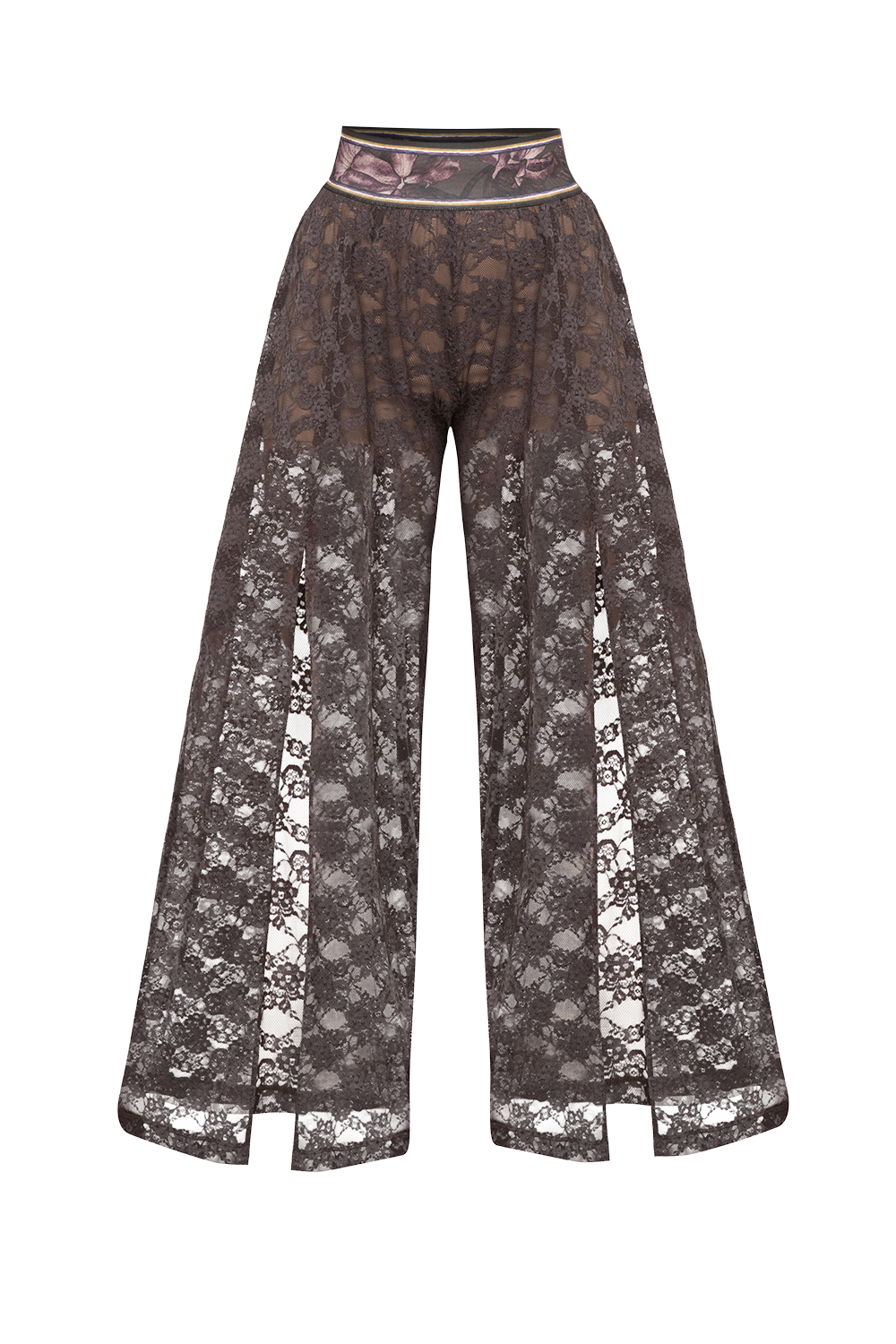 LONG FLARED LACE PANTS WITH SLITS ESPRESSO - ESSENTIALS JIORO ДЪЛЪГ КЛОШ ПАНТАЛОН ОТ ДАНТЕЛА В ЦВЯТ ЕСПРЕСО С ДЪЛБОКИ ЦЕПКИ – ESSENTIALS JIORO