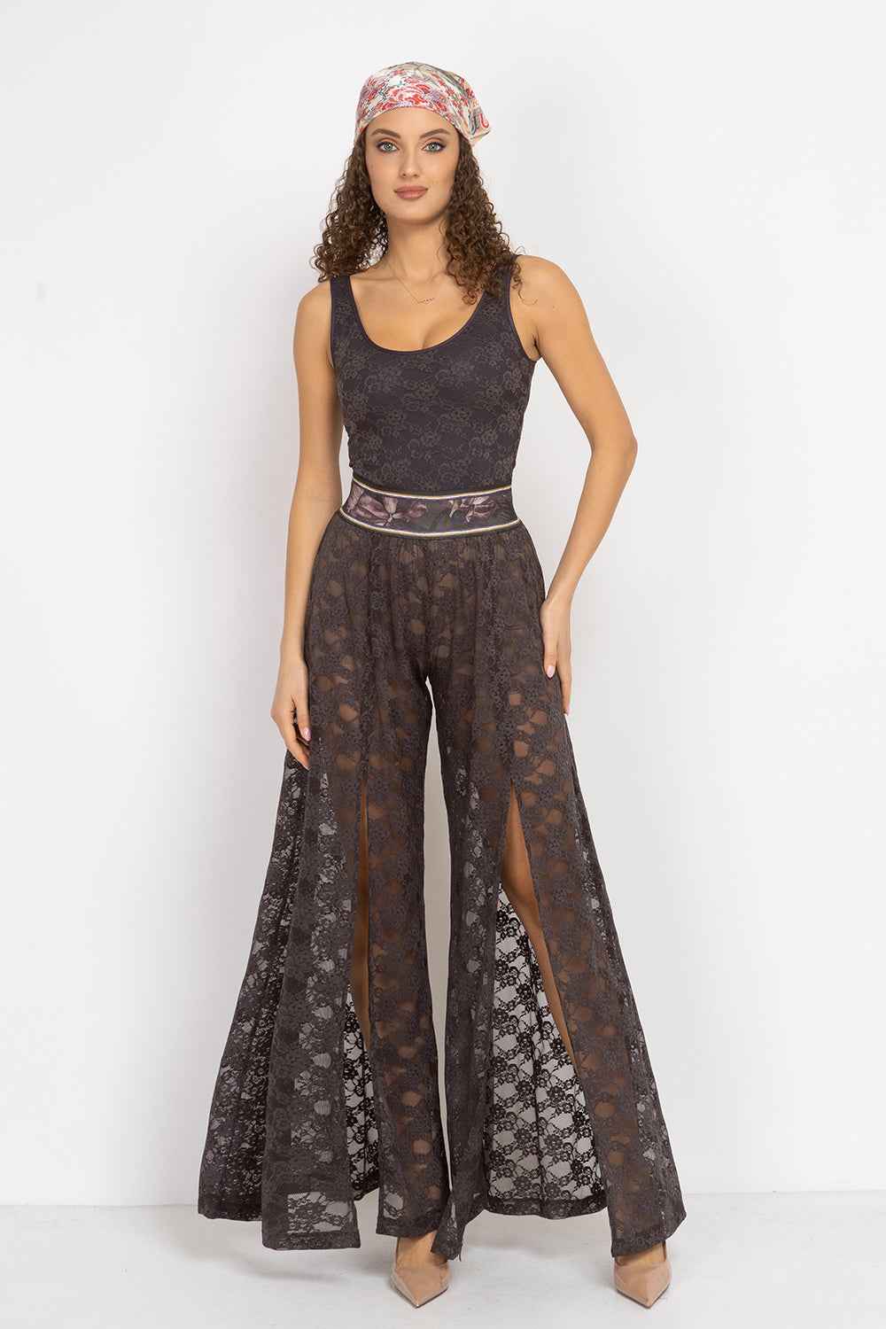 LONG FLARED LACE PANTS WITH SLITS ESPRESSO - ESSENTIALS
