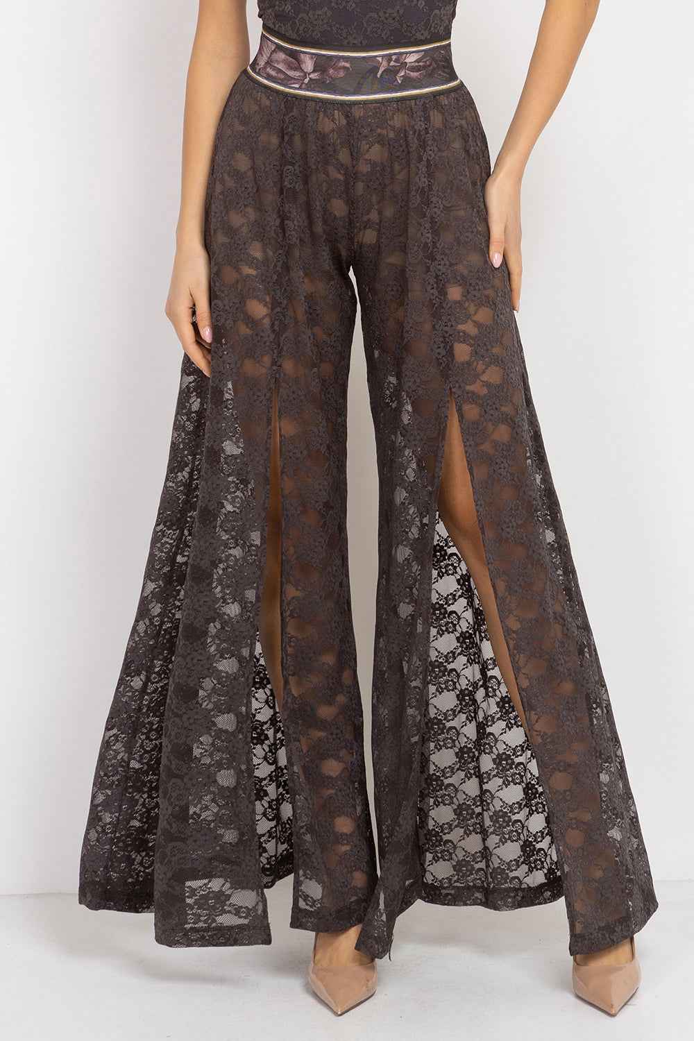 LONG FLARED LACE PANTS WITH SLITS ESPRESSO - ESSENTIALS