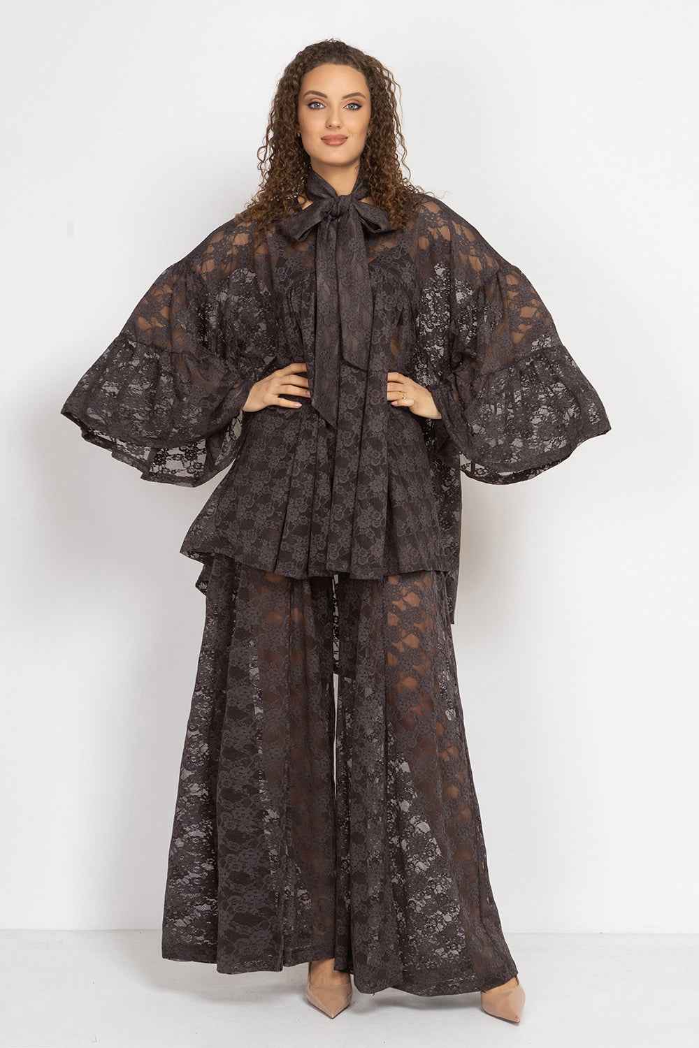 ASYMMETRIC LACE TUNIC WITH GATHERED DETAILS ESPRESSO - ESSENTIALS