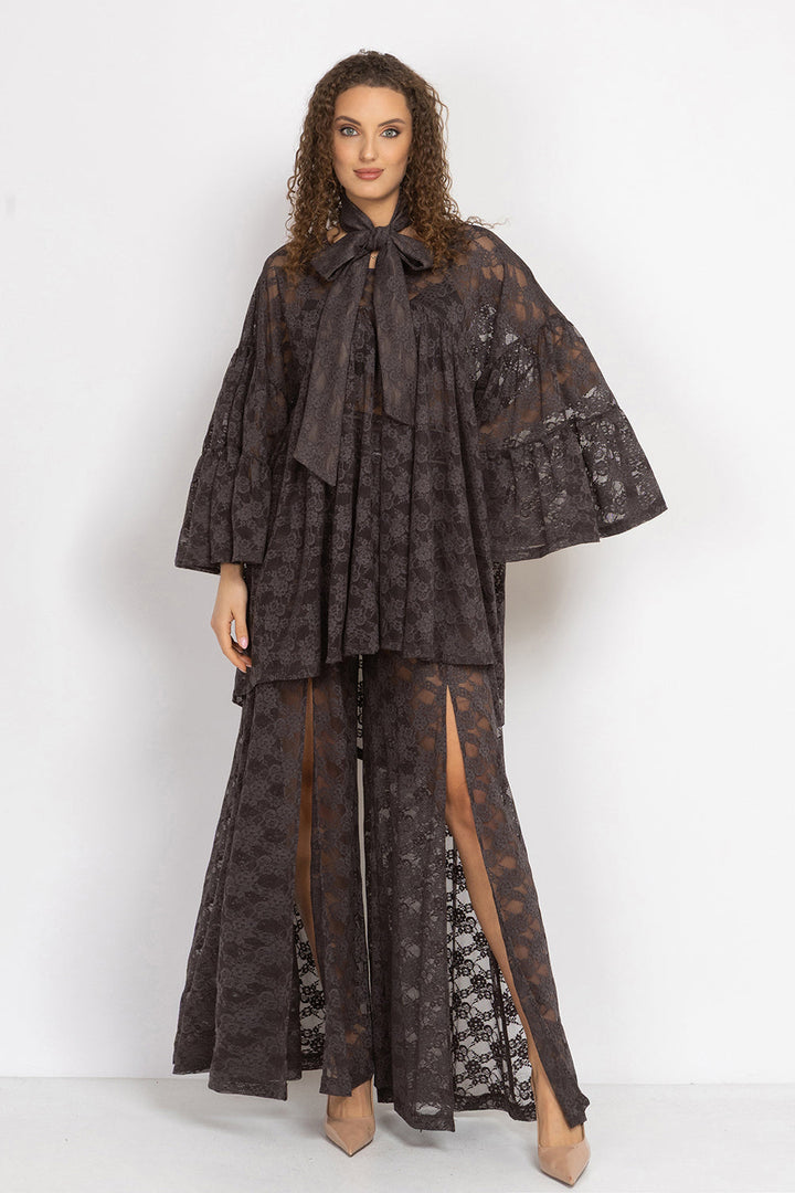 LONG FLARED LACE PANTS WITH SLITS ESPRESSO - ESSENTIALS JIORO ДЪЛЪГ КЛОШ ПАНТАЛОН ОТ ДАНТЕЛА В ЦВЯТ ЕСПРЕСО С ДЪЛБОКИ ЦЕПКИ – ESSENTIALS JIORO