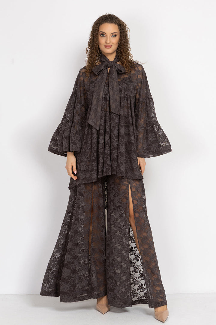 ASYMMETRIC LACE TUNIC WITH GATHERED DETAILS ESPRESSO - ESSENTIALS JIORO АСИМЕТРИЧНА ДАНТЕЛЕНА ТУНИКА С НАБОРИ В ЕСПРЕСО – ESSENTIALS JIORO