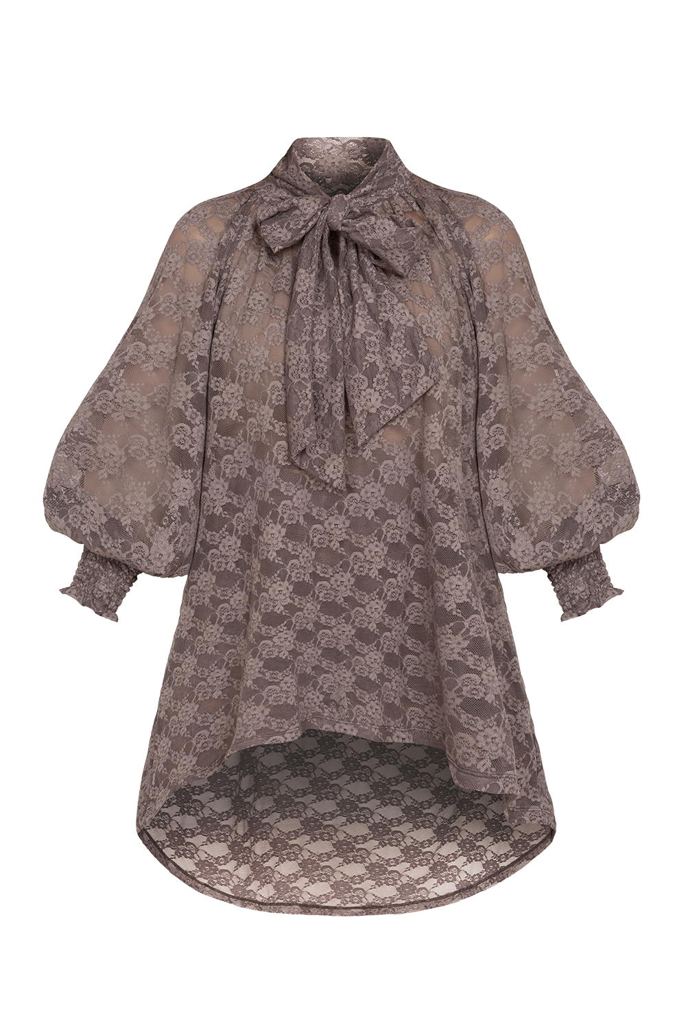 MOCHA LACE SHIRT WITH FRONT BOW AND LONG BACK - ESSENTIALS JIORO ДАНТЕЛЕНА РИЗА В ЦВЯТ МОКА С ИЗДЪЛЖЕН ГРЪБ - ESSENTIALS JIORO