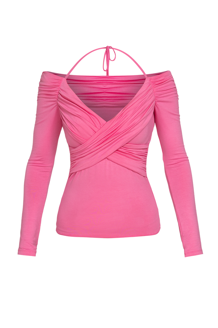 PINK VISCOSE STRETCH WRAP BLOUSE WITH GATHERS - ESSENTIALS JIORO БЛУЗА ОТ ВИСКОЗА В РОЗОВО С ПАДНАЛО РАМО И НАБОРИ - ESSENTIALS JIORO