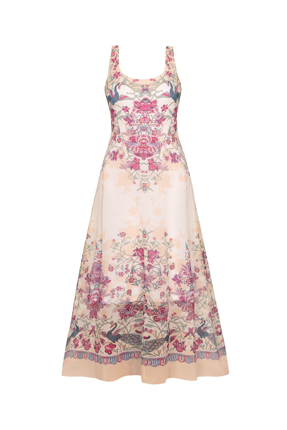 SLEEVELESS LONG MESH DRESS WITH SOFT MODAL LINING - PAISLEY RED JIORO ДЪЛГА РОКЛЯ БЕЗ РЪКАВ ОТ МРЕЖА С ПОДПЛАТА ОТ ФИН МОДАЛ - PAISLEY RED JIORO