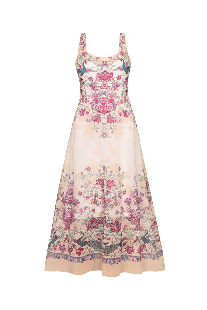SLEEVELESS LONG MESH DRESS WITH SOFT MODAL LINING - PAISLEY RED JIORO ДЪЛГА РОКЛЯ БЕЗ РЪКАВ ОТ МРЕЖА С ПОДПЛАТА ОТ ФИН МОДАЛ - PAISLEY RED JIORO