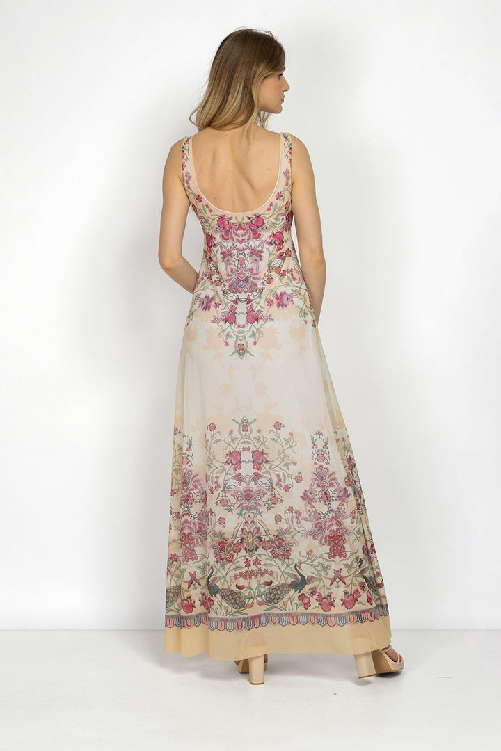 SLEEVELESS LONG MESH DRESS WITH SOFT MODAL LINING - PAISLEY RED JIORO ДЪЛГА РОКЛЯ БЕЗ РЪКАВ ОТ МРЕЖА С ПОДПЛАТА ОТ ФИН МОДАЛ - PAISLEY RED JIORO