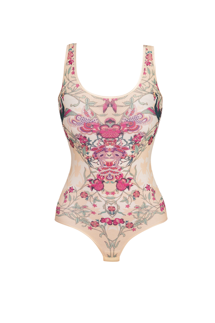 MESH BODYSUIT WITH DEEP SCOOP NECKLINE AND MODAL LINING - PAISLEY RED JIORO БОДИ ОТ МРЕЖА БЕЗ РЪКАВИ С ДЪЛБОКО ОБЛО ДЕКОЛТЕ И ПОДПЛАТА ОТ МЕК МОДАЛ - PAISLEY RED JIORO