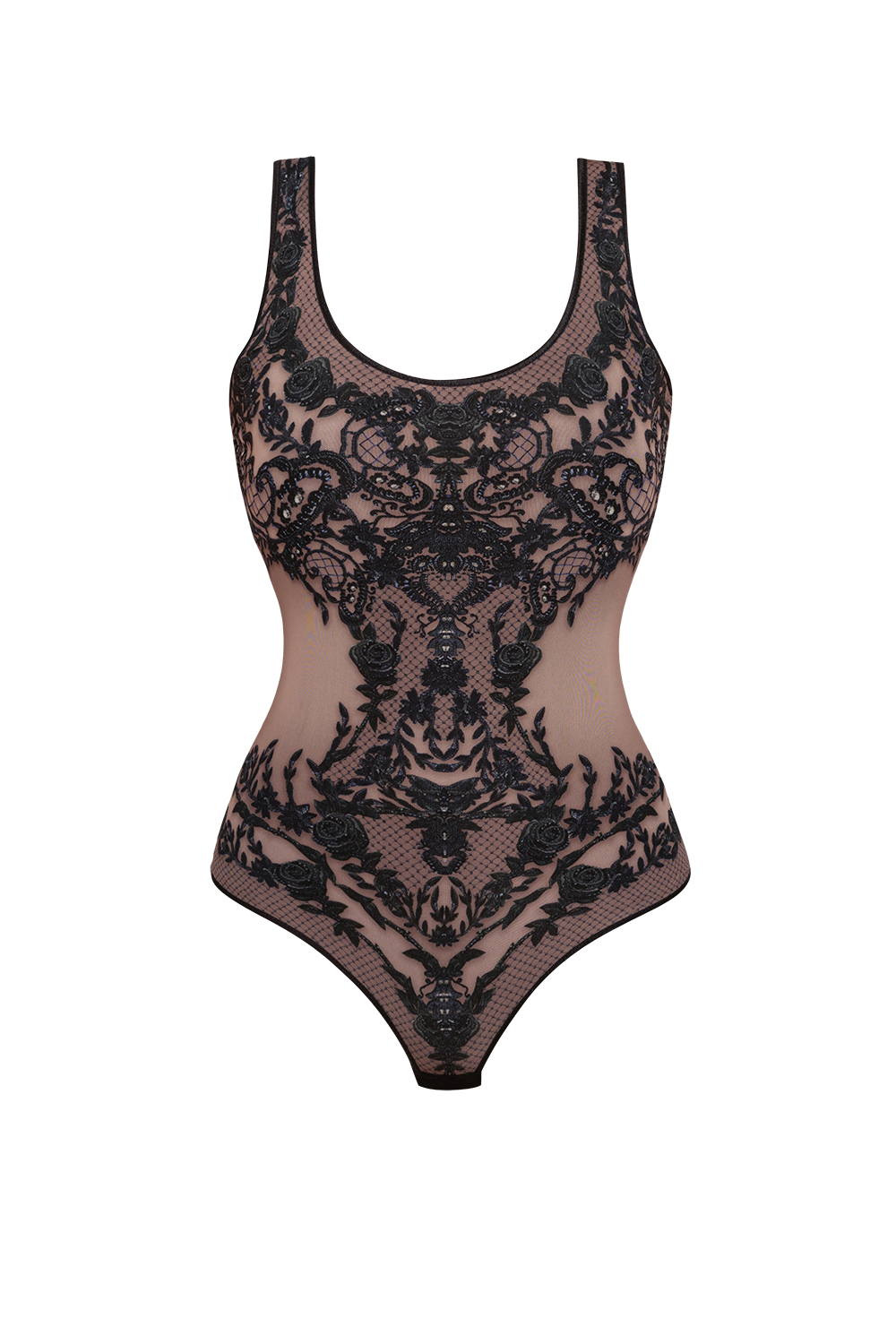 SLEEVELESS MESH BODYSUIT WITH DEEP SCOOP NECKLINE AND MODAL LINING - GRAFFITI POWDER JIORO БОДИ ОТ МРЕЖА БЕЗ РЪКАВИ С ДЪЛБОКО ОБЛО ДЕКОЛТЕ И ПОДПЛАТА ОТ МЕК МОДАЛ - GRAFFITI POWDER JIORO
