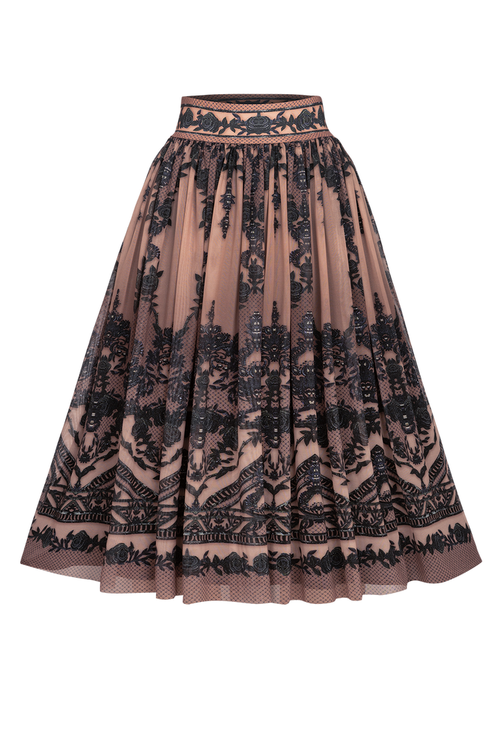 MESH SKIRT WITH ELASTIC WAIST AND VISCOSE LINING - GRAFFITI POWDER JIORO МИДИ ПОЛА ОТ МРЕЖА С ЕЛАСТИЧЕН КОЛАН И ПОДПЛАТА ОТ ВИСКОЗА - GRAFFITI POWDER JIORO