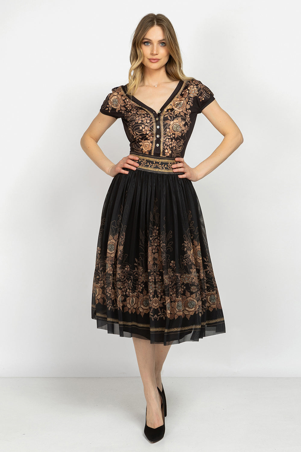 BASIC TOP WITH DEEP V-NECK AND BUTTONS - GOLDEN ROSES - Fashion Roots