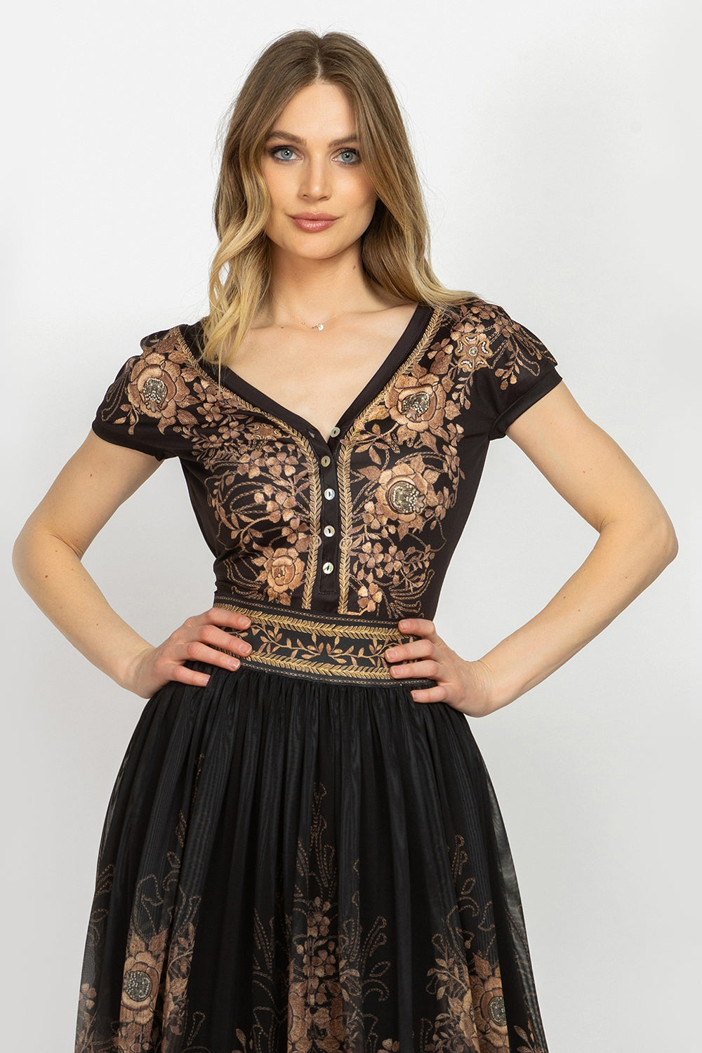 BASIC TOP WITH DEEP V-NECK AND BUTTONS - GOLDEN ROSES - Fashion Roots