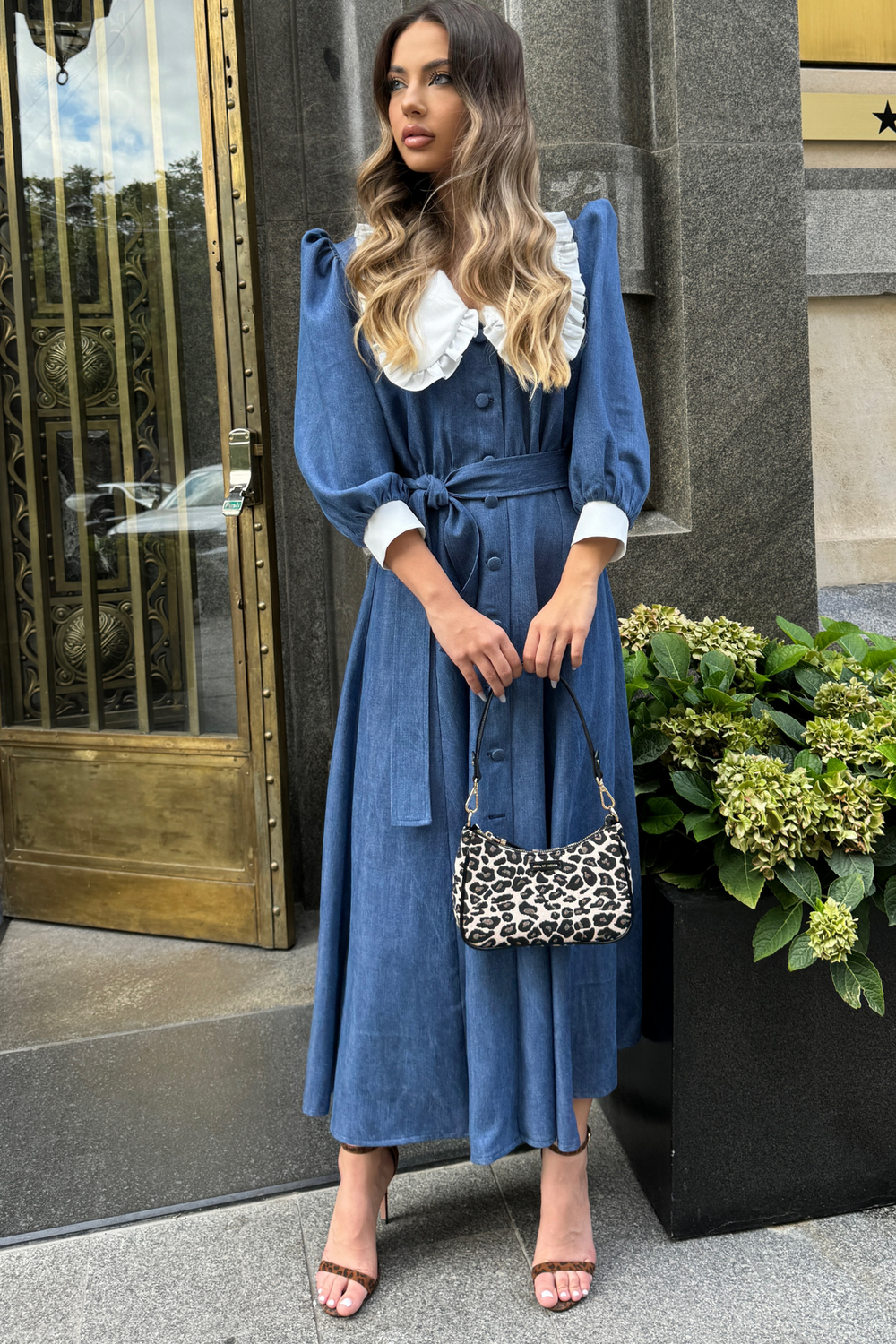 YVN MINI DRESS VIVID DENIM WITH VICTORIAN COLLAR - Fashion Roots