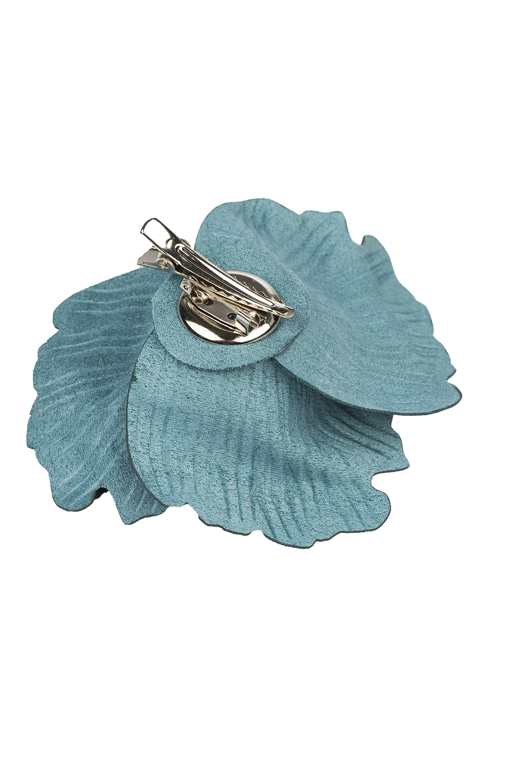 MEDIUM SUEDE-LOOK AZUR BLUE ROSE BROOCH