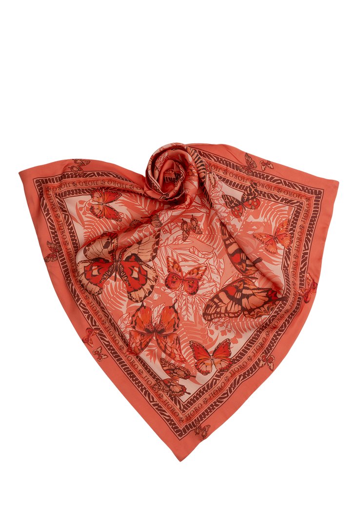 SQUARE VISCOSE HEADSCARF - PAPAYA BUTTERFLIES JIORO КВАДРАТНА КЪРПА ЗА ГЛАВА ОТ ВИСКОЗА - PAPAYA BUTTERFLIES JIORO